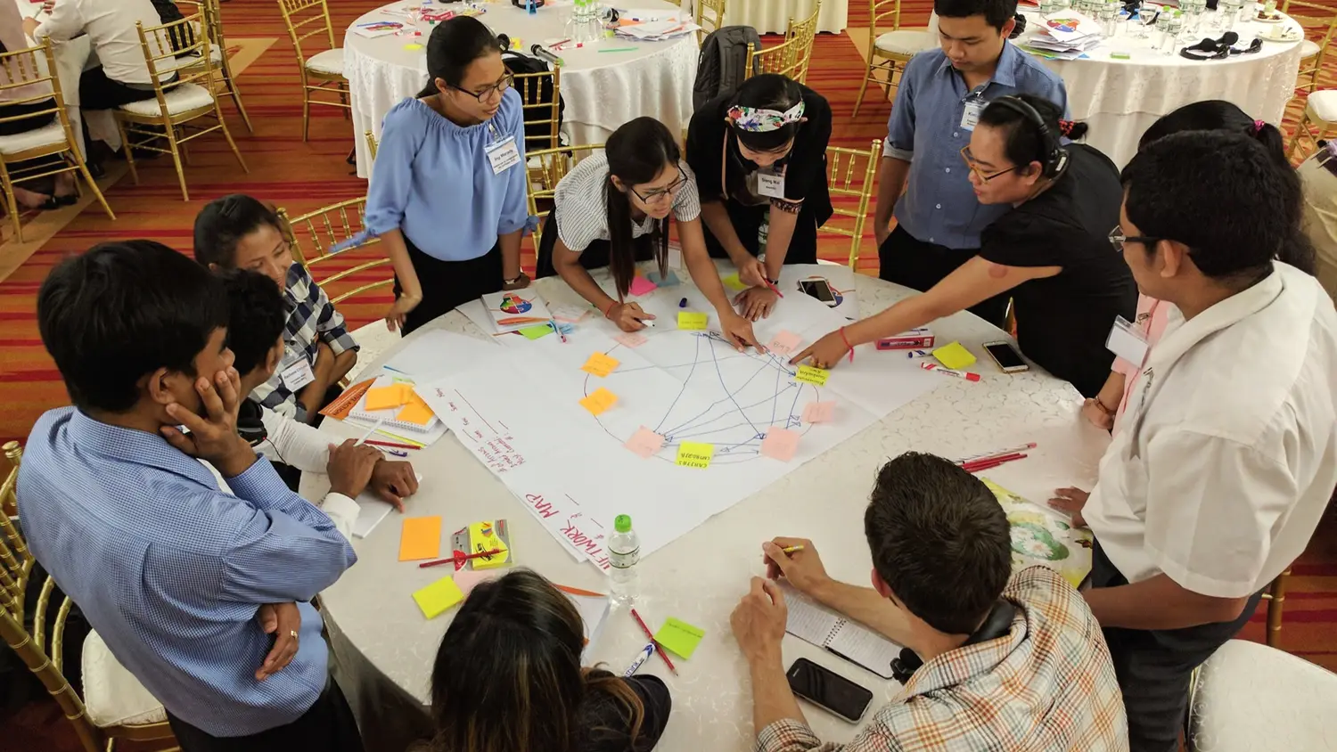 Group of diverse professionals collaboratively working on a project at a round table, with various notes and markers, in a conference room with gold chairs and circular tables.